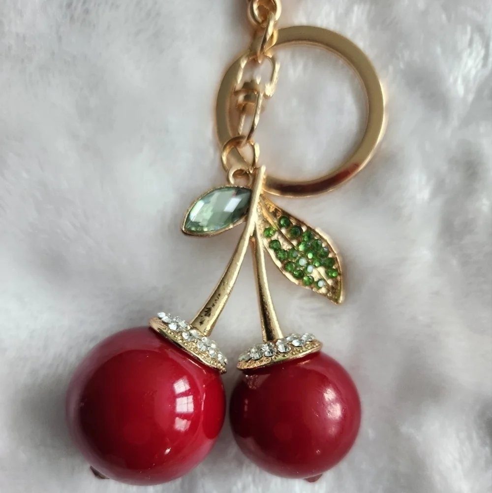Cherry Keychain with Red and Gold Accents Bag Charm